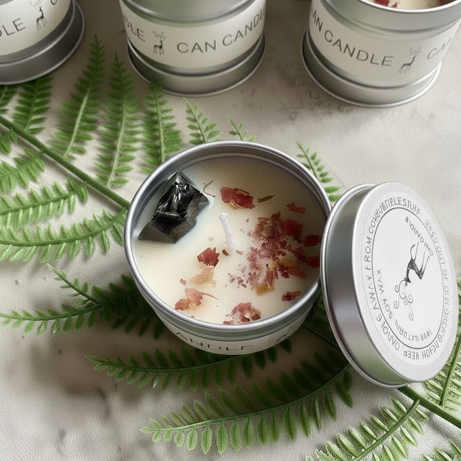 Ritualkerze mit Obsidian, Blüten und Granatapfelduft