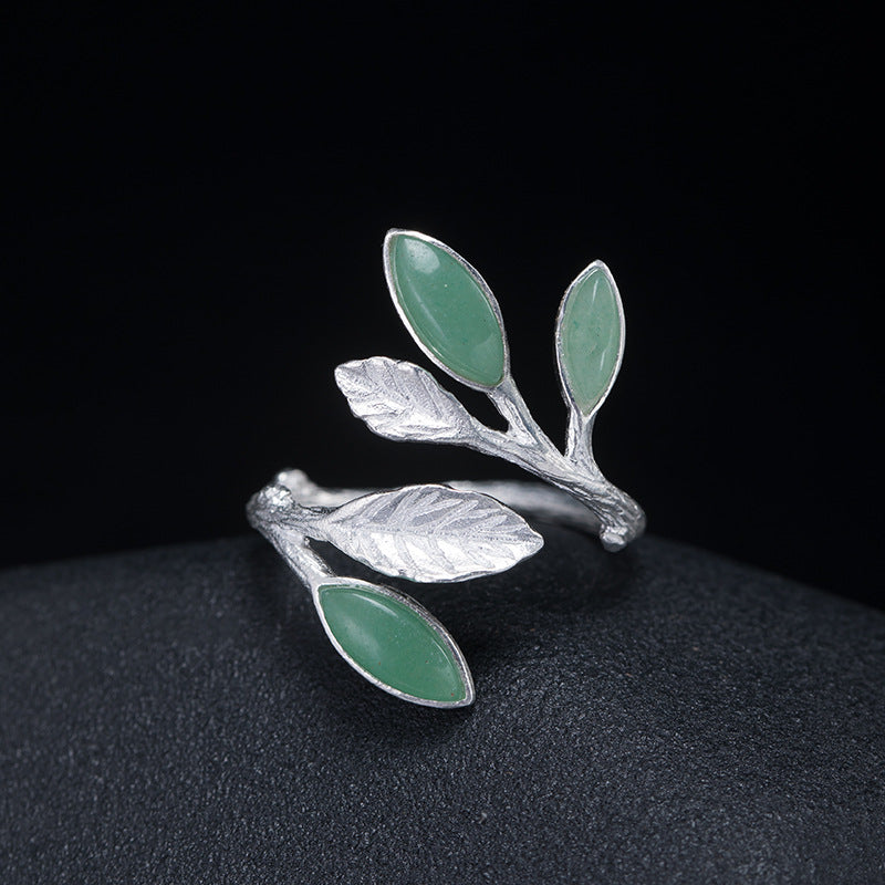925 Silber Ring mit Blattmotiv und grünem Aventurin