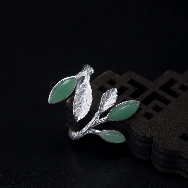 925 Silber Ring mit Blattmotiv und grünem Aventurin
