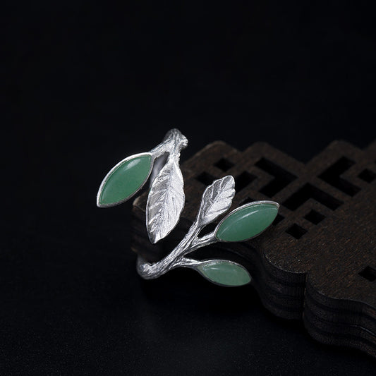 925 Silber Ring mit Blattmotiv und grünem Aventurin
