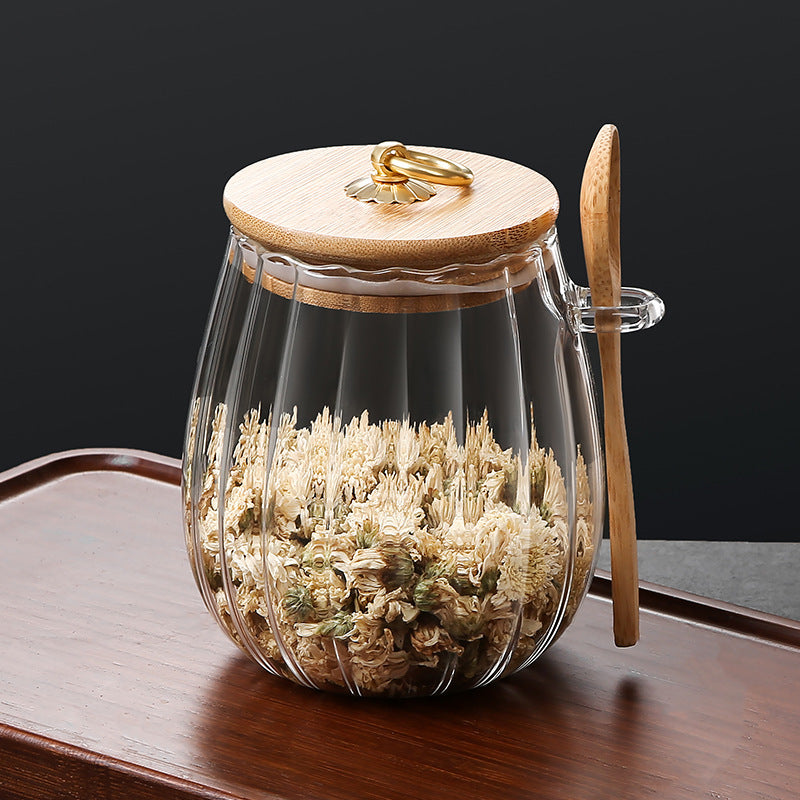 Runder Glasbehälter mit Holzdeckel & Löffel
