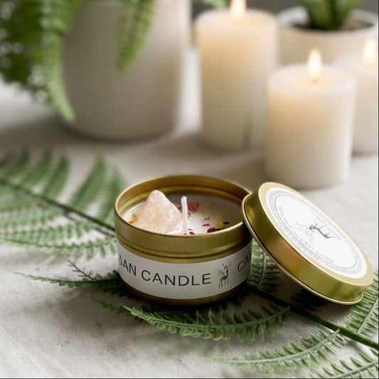 Ritualkerze mit Orangen Calcit, Blüten und Blutorangenduft