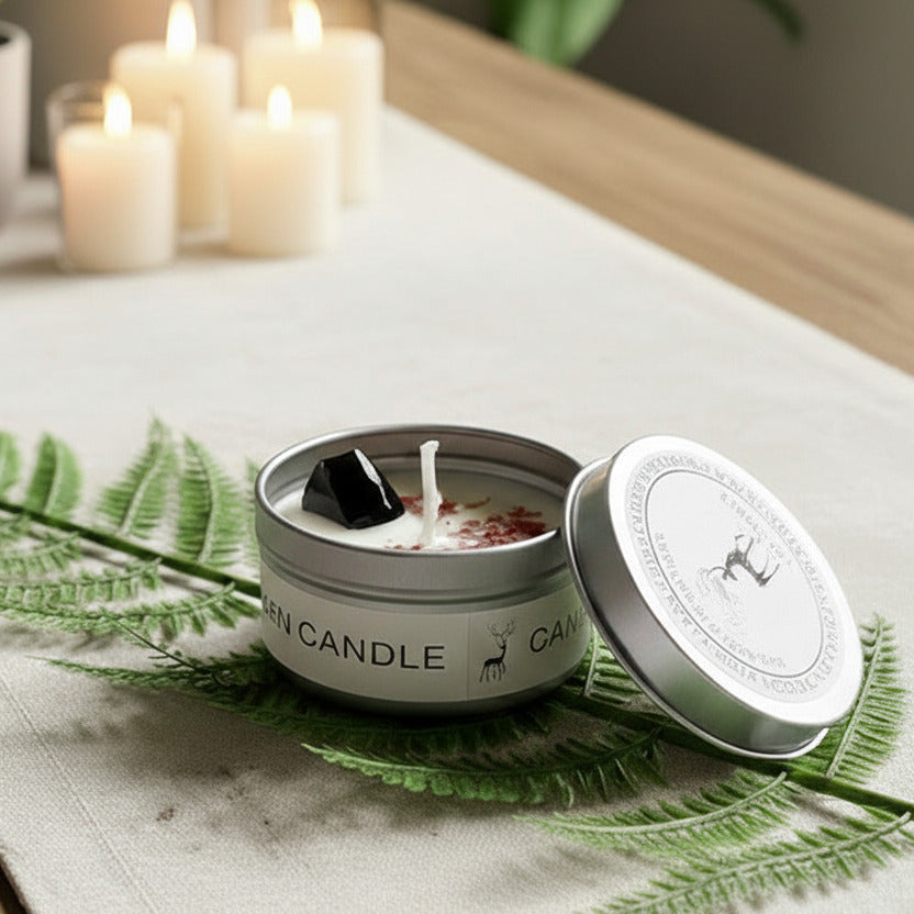 Ritualkerze mit Obsidian, Blüten und Granatapfelduft