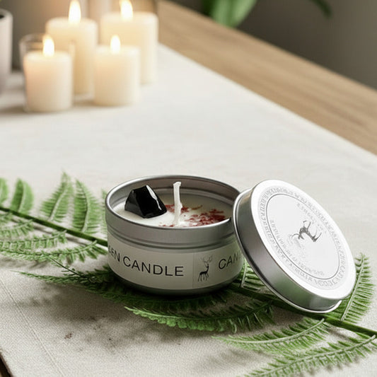 Ritualkerze mit Obsidian, Blüten und Granatapfelduft