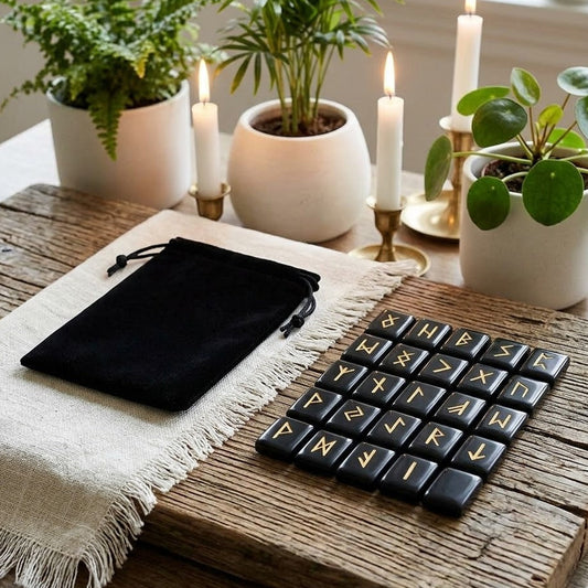 Runen-Set aus schwarzem Obsidian